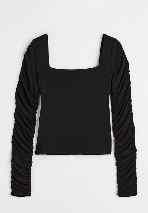 H&M - Gathered-sleeve jersey top - black