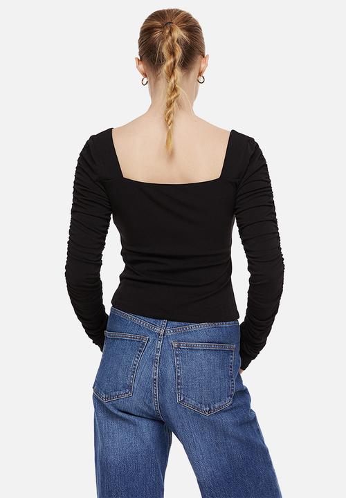 H&M - Gathered-sleeve jersey top - black