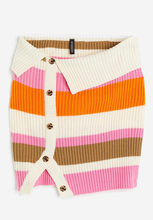 H&M - Button-front rib-knit skirt - cream/striped