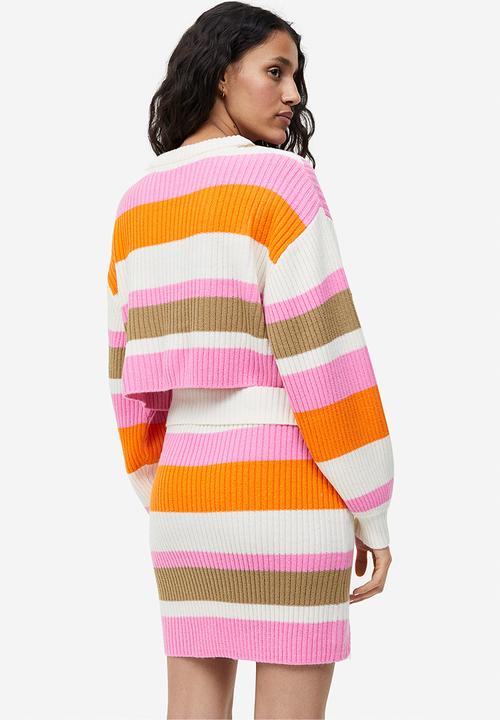 H&M - Button-front rib-knit skirt - cream/striped
