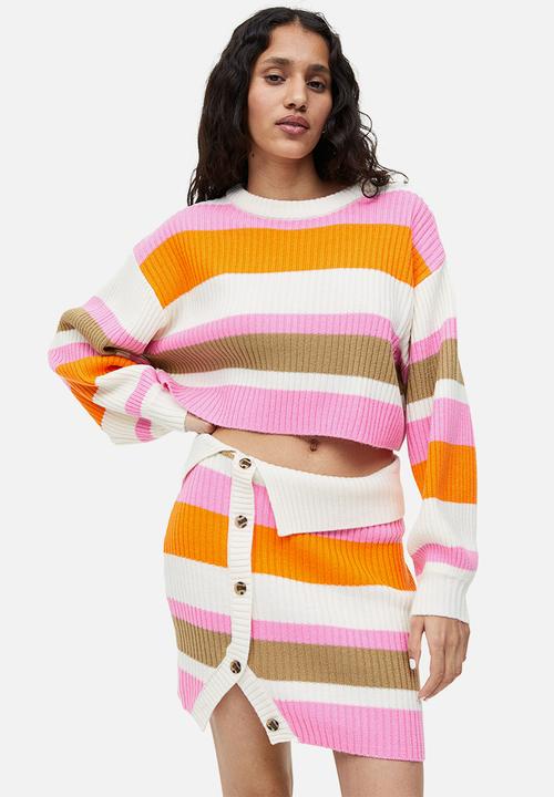 H&M - Button-front rib-knit skirt - cream/striped