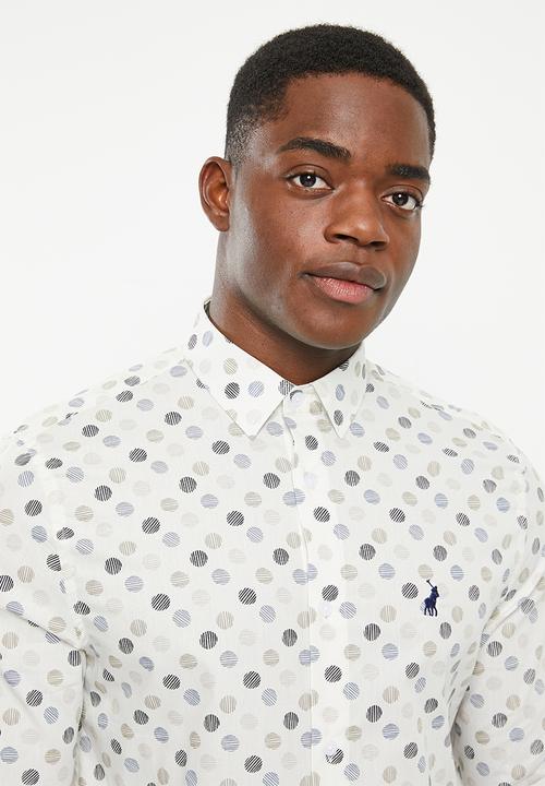 POLO - Mens polka dot aop long sleeve shirt - white & navy 