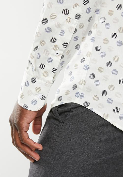 POLO - Mens polka dot aop long sleeve shirt - white & navy 
