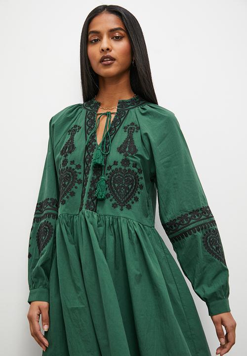 Superbalist - Embroidery mini dress with balloon sleeve - green & black