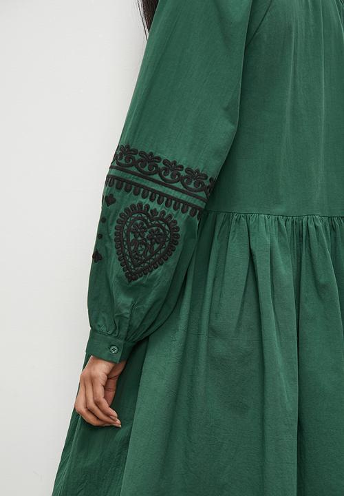 Superbalist - Embroidery mini dress with balloon sleeve - green & black