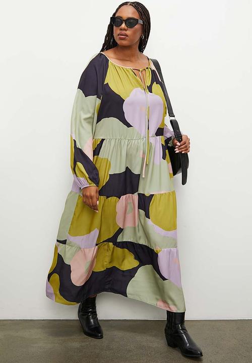 Superbalist - Tiered dress with ties - lime abstract floral