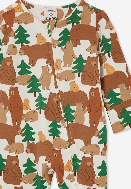 Cotton On - The long sleeve zip romper - vanilla/foresty bears