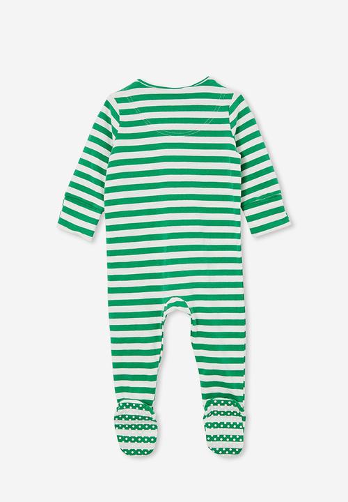 Cotton On - The long sleeve zip romper - stripe green splash/vanilla