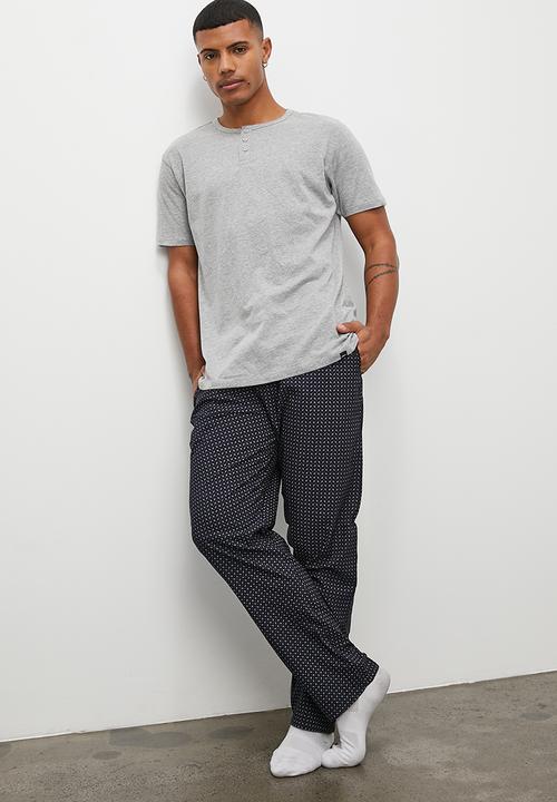 Superbalist - Henley tee & stripe woven sleep pant set - grey melange & black