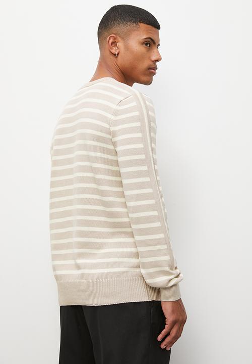 Superbalist - Slim fit long sleeve striped crew neck knit - stone & cream