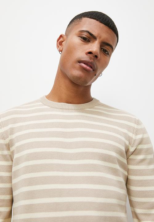 Superbalist - Slim fit long sleeve striped crew neck knit - stone & cream