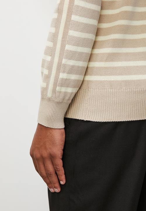 Superbalist - Slim fit long sleeve striped crew neck knit - stone & cream