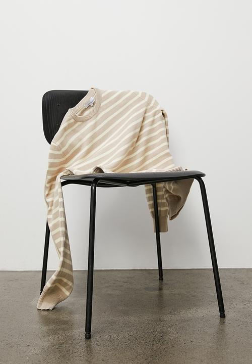 Superbalist - Slim fit long sleeve striped crew neck knit - stone & cream