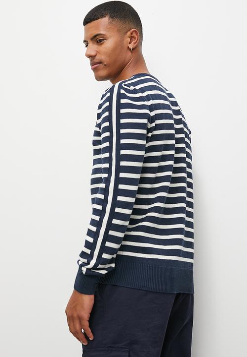 Superbalist - Slim fit long sleeve striped crew neck knit - navy & white