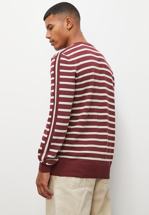 Superbalist - Slim fit long sleeve striped crew neck knit - burgundy & cream