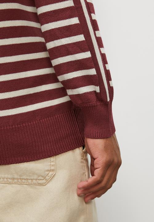 Superbalist - Slim fit long sleeve striped crew neck knit - burgundy & cream