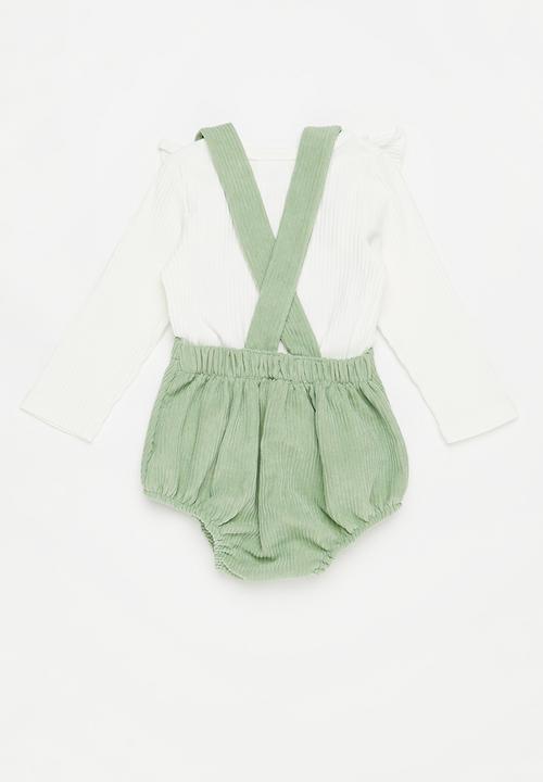 Pop Candy - Girls tee & dungaree set - white & sage
