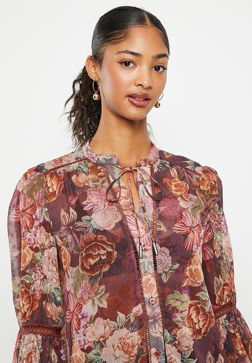 GUESS - Long sleeve josette top - digital tapestry print maroon