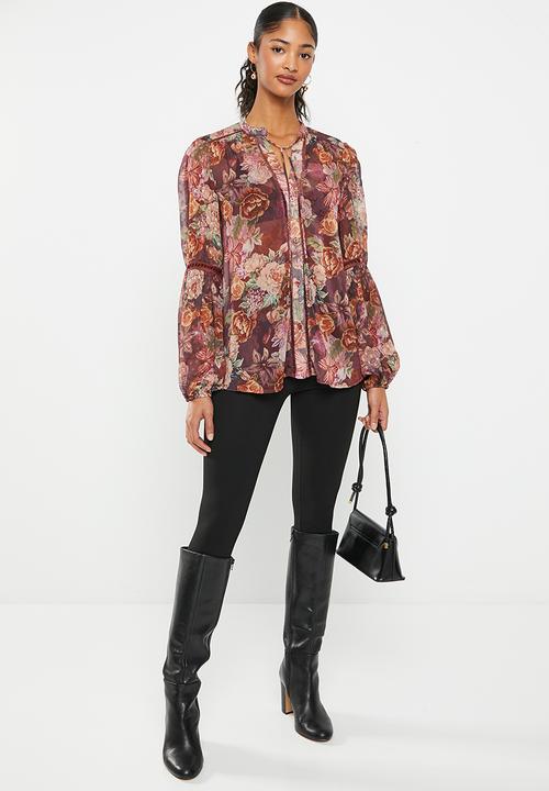 GUESS - Long sleeve josette top - digital tapestry print maroon