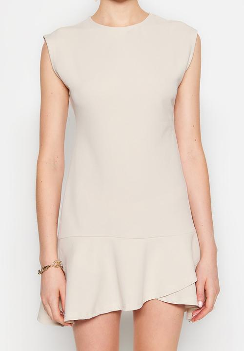 Trendyol - High-neck cap sleeve ruffle hem dress - stone