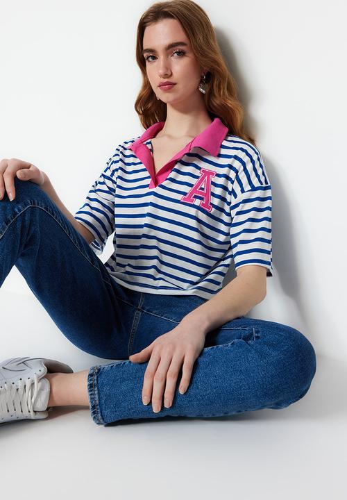 Trendyol - Contrast collar relaxed fit t-shirt - navy blue stripe