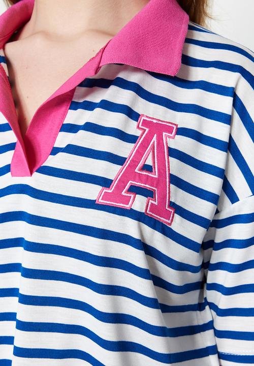 Trendyol - Contrast collar relaxed fit t-shirt - navy blue stripe