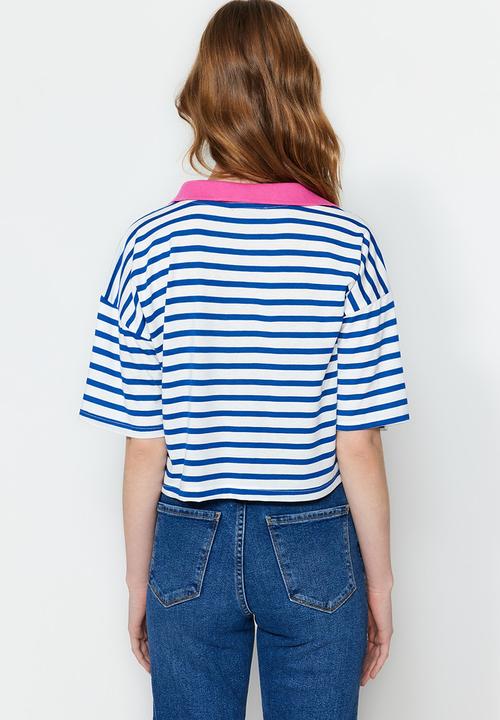 Trendyol - Contrast collar relaxed fit t-shirt - navy blue stripe