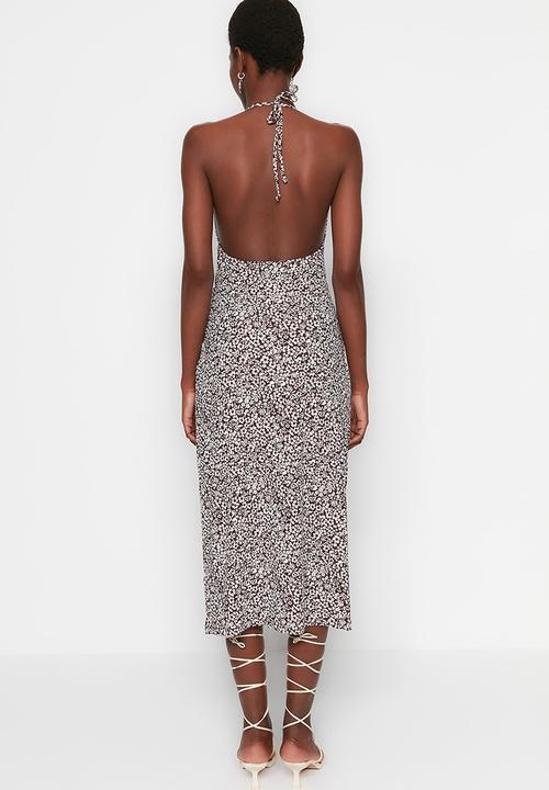 Trendyol - Low cut bodycon midi dress - brown print