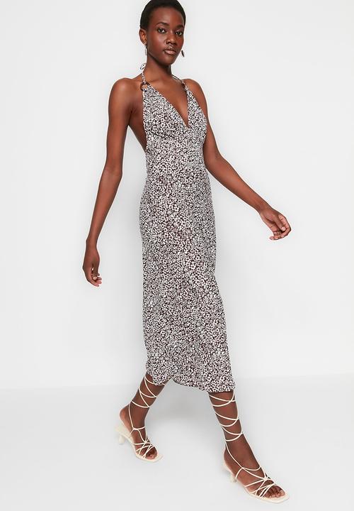 Trendyol - Low cut bodycon midi dress - brown print