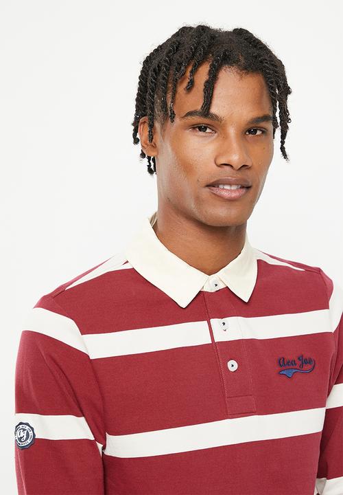 Aca Joe - Mens aca joe double knit y/dyed stripe applique emb  golfer  rugby jersey ls-red