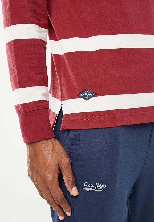Aca Joe - Mens aca joe double knit y/dyed stripe applique emb  golfer  rugby jersey ls-red
