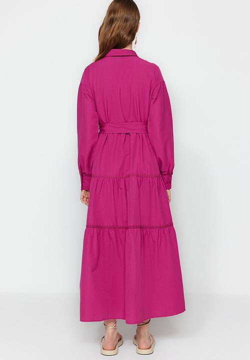 Trendyol - Modest collared longsleeve full length skater dress - fuchsia