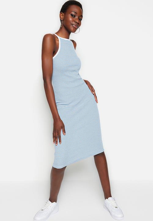 Trendyol - High-neck sleeveless bodycon dress - blue stripe