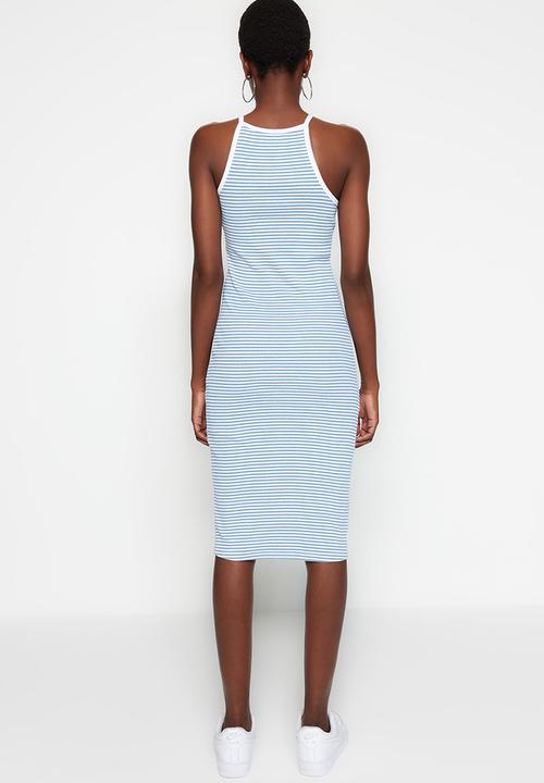 Trendyol - High-neck sleeveless bodycon dress - blue stripe