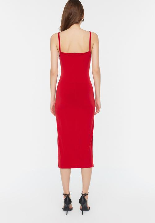 Trendyol - Thin strap bodycon midi dress - red