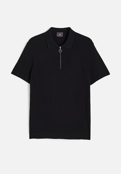 H&M - Slim fit zip-top polo shirt - black