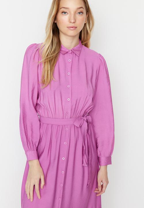 Trendyol - Collared long sleeve a-line full length dress - pink