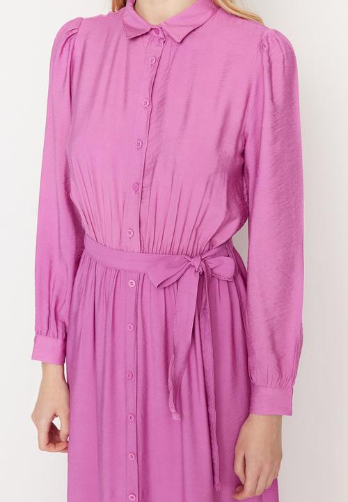 Trendyol - Collared long sleeve a-line full length dress - pink