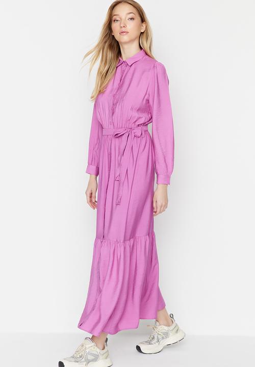 Trendyol - Collared long sleeve a-line full length dress - pink