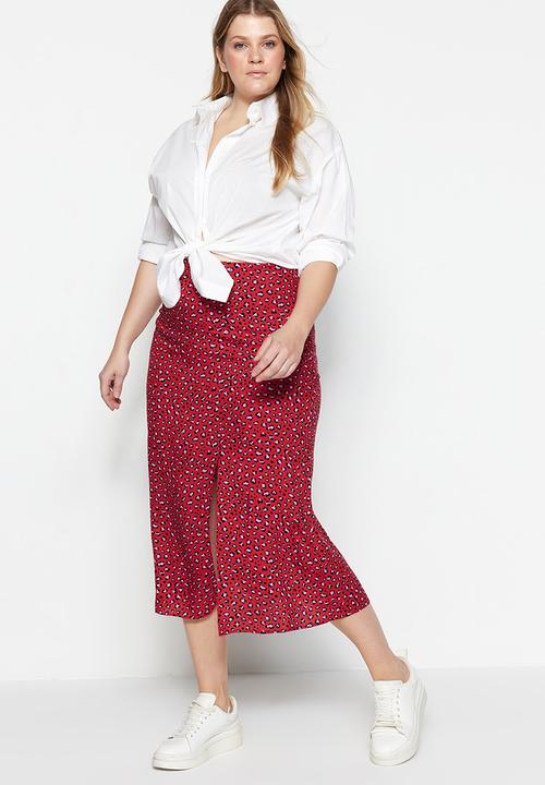Trendyol - Plus ditsy print skirt with slit - red