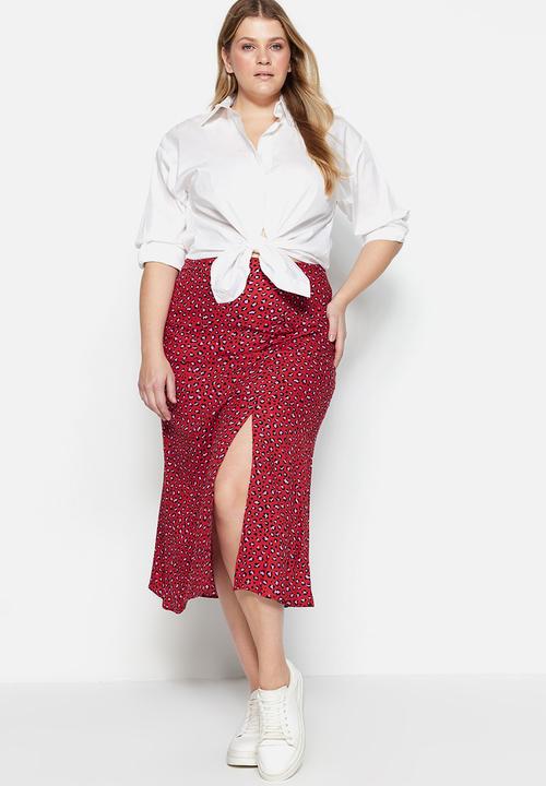 Trendyol - Plus ditsy print skirt with slit - red