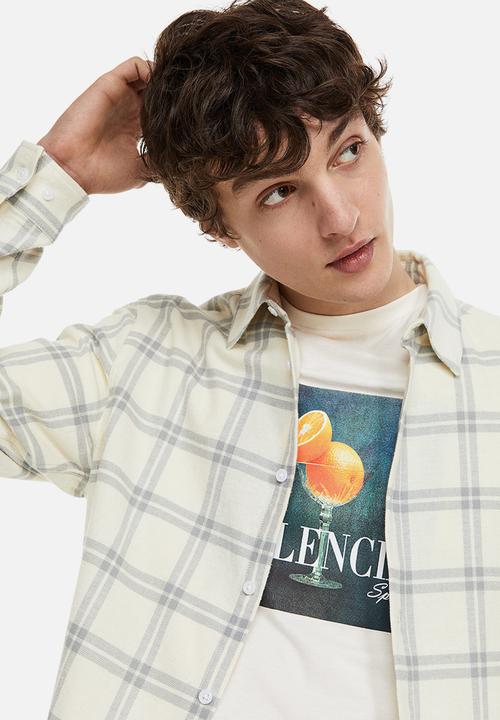 H&M - Regular fit checked shirt - light beige/light grey