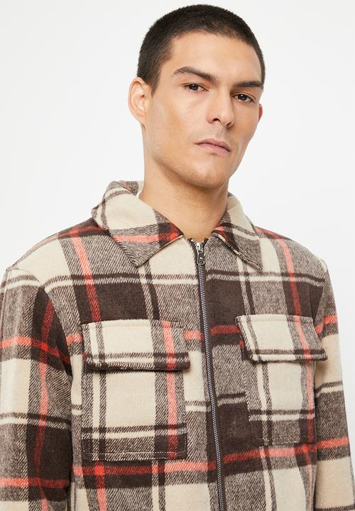 Jonathan D - Graham zip through check jacket with sherpa lining - wheat