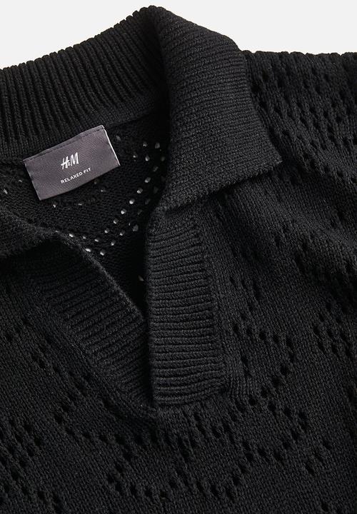 H&M - Relaxed fit crochet-look polo shirt - black