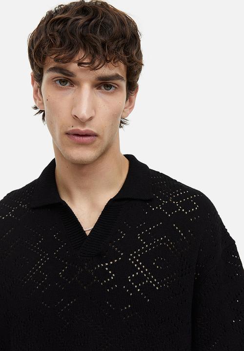 H&M - Relaxed fit crochet-look polo shirt - black