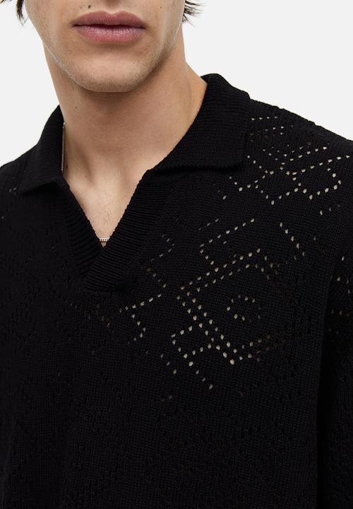 H&M - Relaxed fit crochet-look polo shirt - black