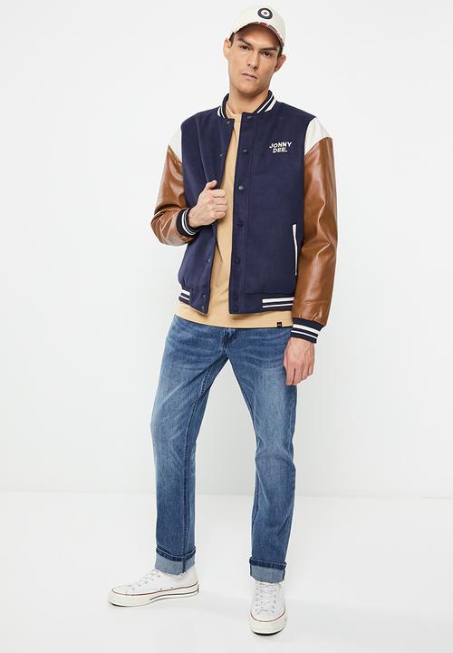 Jonathan D - Spencer branded melton & pu varsity jacket with back applique - navy