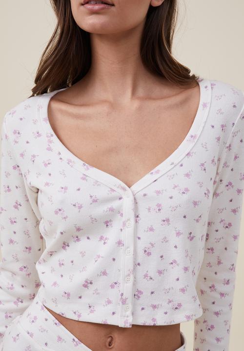 Cotton On - Crop long sleeve sleep top - evie ditsy cream 