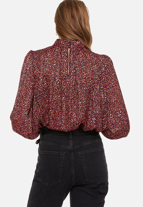 H&M - Stand-up collar satin blouse - red patterned