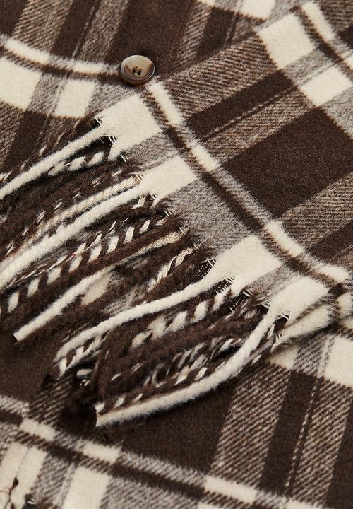 H&M - Fringe-trimmed shacket - dark brown/checked